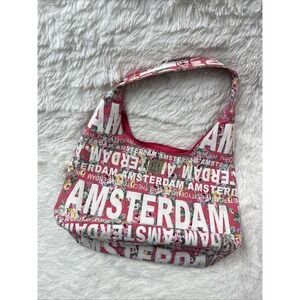 Robin Ruth Amsterdam Zip Shoulder Bag Boho Tote Pink With Flowers White Letters